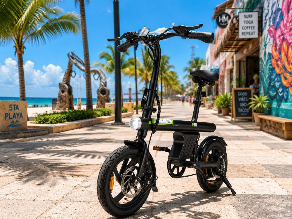 Rueda de e-bike junto al letrero de 5ta Playa